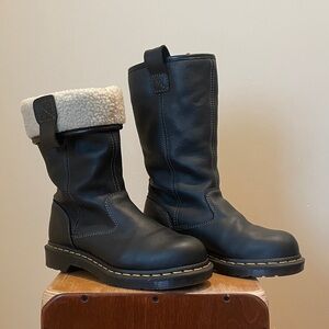 Black Leather Steel Toe Boots with Shearling Cuff